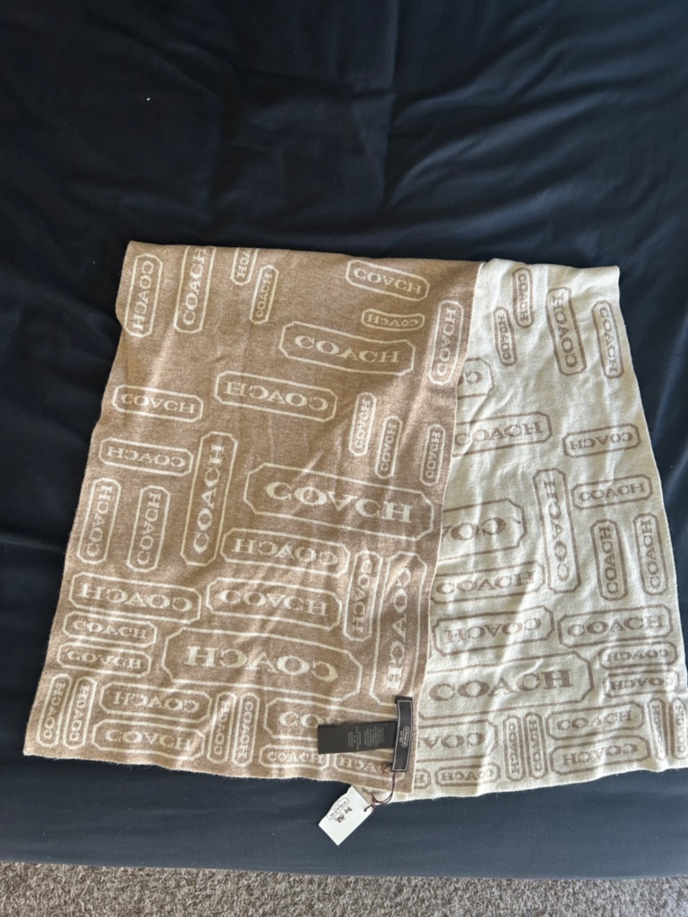 Coach NWT Cashmere & Wool Blend Reversible Logo Scarf in Beige and Light Taupe